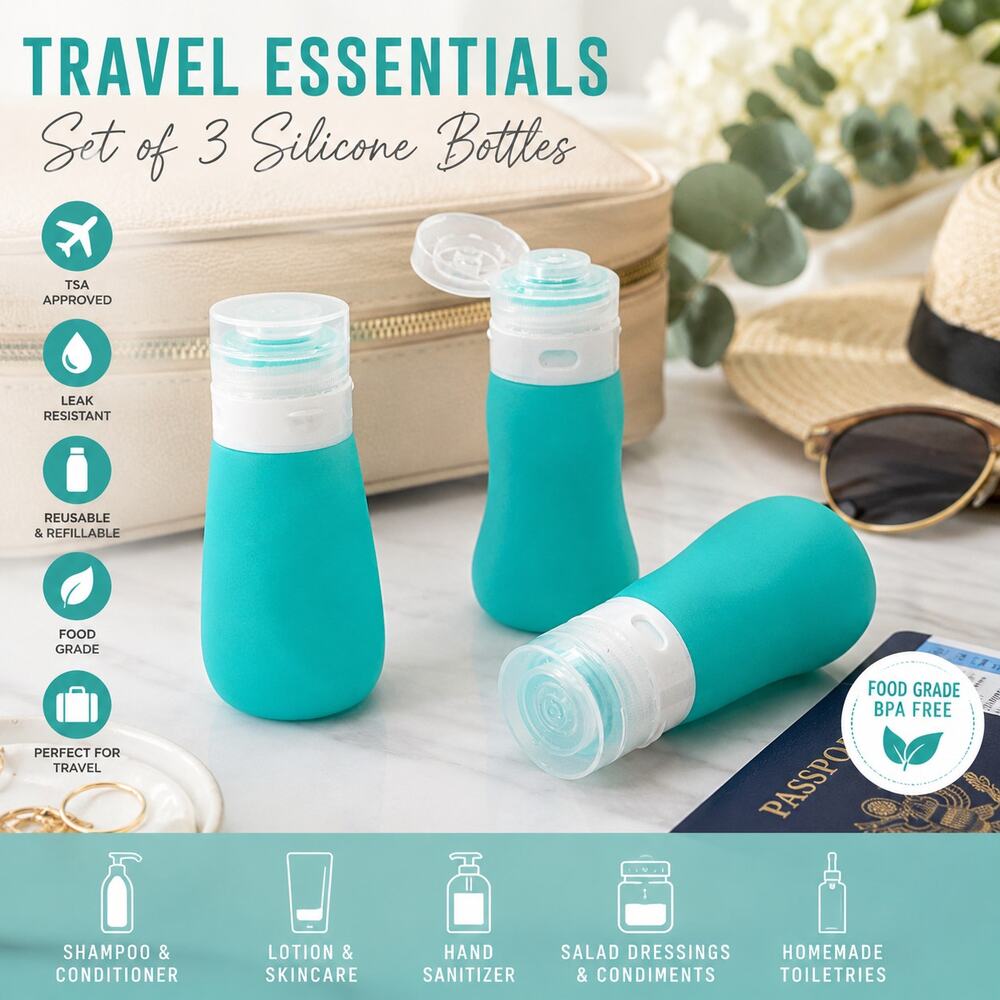 Silicone Travel Bottles Set Teal TSA Food Grade Refillable Teacher Gift NEW